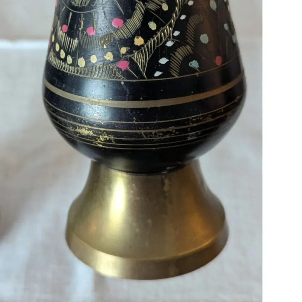Vintage Etched Brass Vases |Black & Gold Boho Lotus Decor | Mid Century Pair